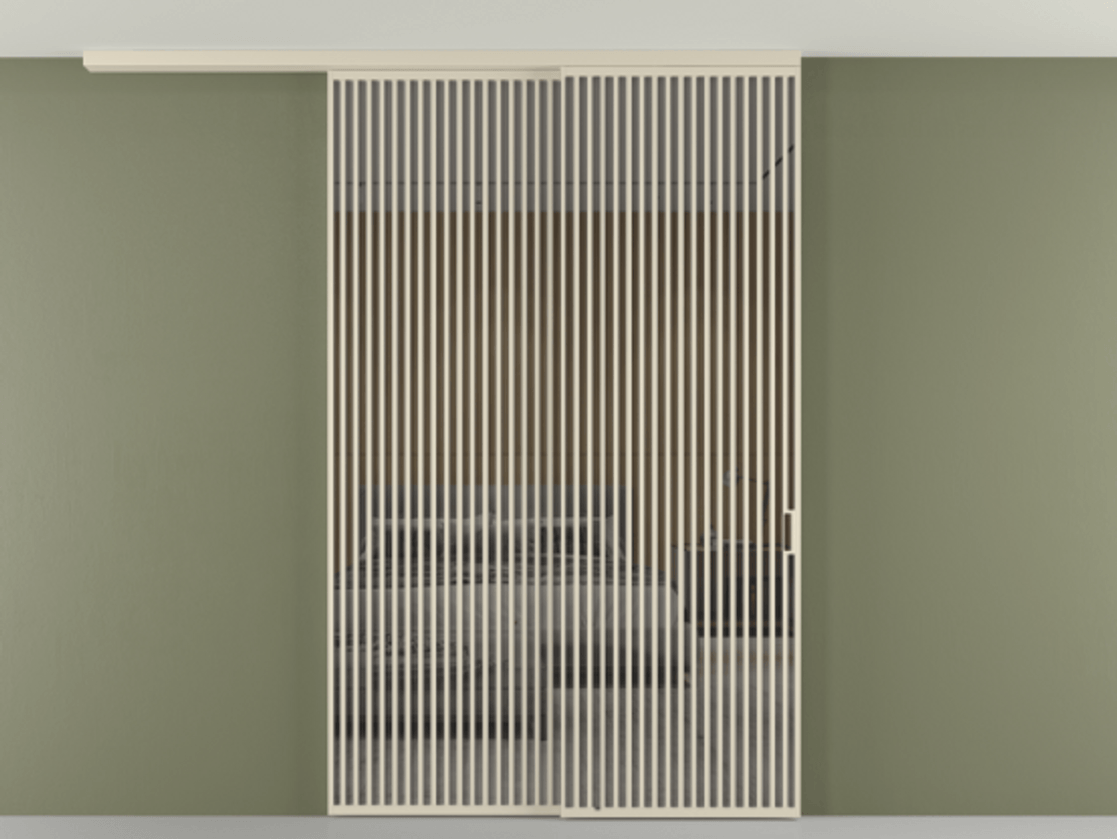 Перегородка Формато вдоль стены на потолок 2 створки с синхронным механизмом АЛПР 040.06 Алюминий бежево-серый Рефлективное серое стекло "Стопсол", калёное Цена 29010 Br | Volhovec