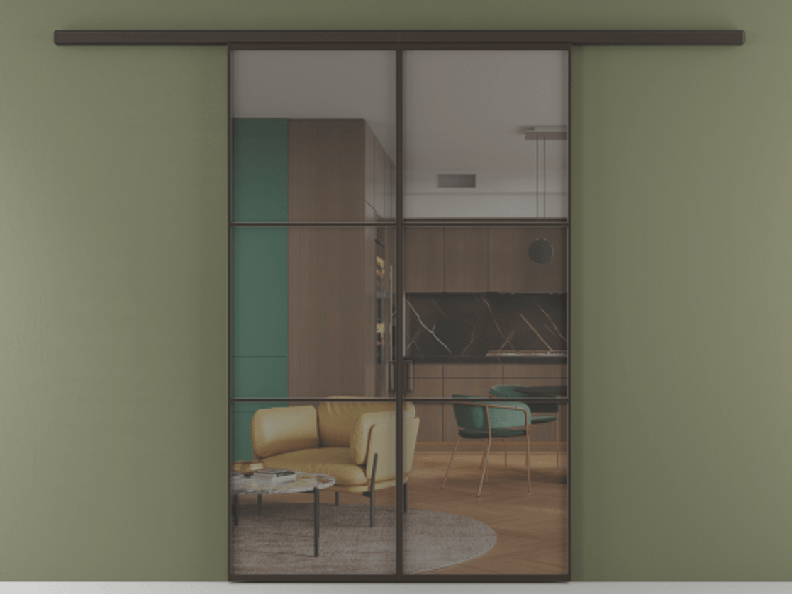 Перегородка Формато вдоль стены 2 створки АЛПР 040.03 Алюминий антрацит Прозрачное серое стекло, триплекс Цена 10450 Br | Volhovec