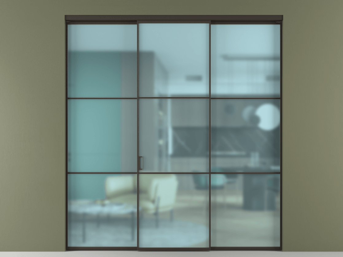 Перегородка Формато внутри проёма 3 створки АЛПР 040.03 Алюминий антрацит Сатинированное голубое стекло, триплекс Цена 12700 Br | Volhovec