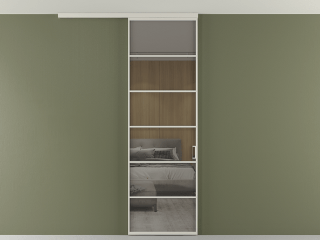 Перегородка Формато вдоль стены на потолок 1 створка АЛПР 040.04 Алюминий тёплый серый Рефлективное серое стекло "Стопсол", калёное Цена 7170 Br | Volhovec