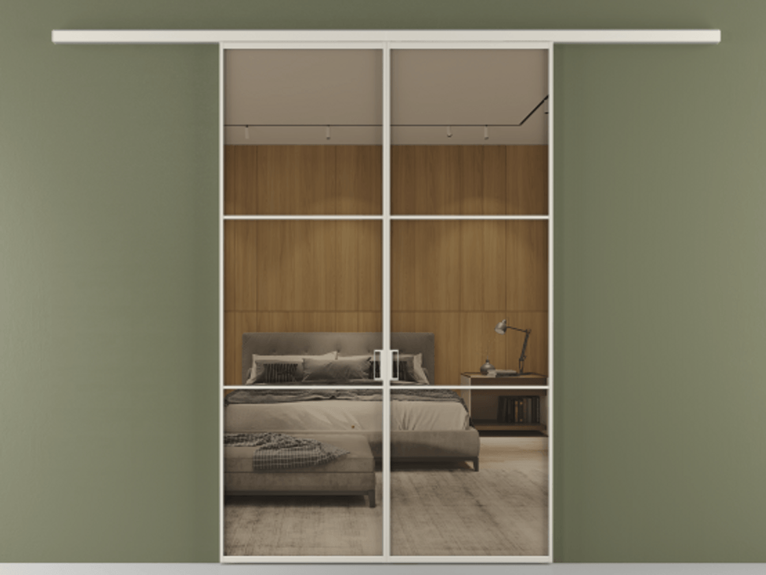 Перегородка Формато вдоль стены 2 створки АЛПР 040.03 Алюминий облачно-серый Рефлективное бронзовое стекло "Стопсол", калёное Цена 13310 Br | Volhovec