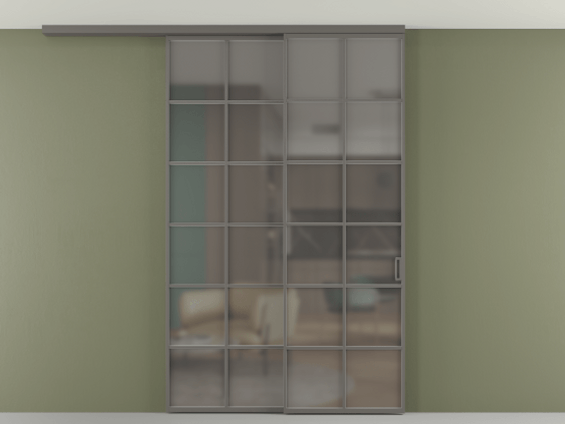 Перегородка Формато вдоль стены на потолок 2 створки с синхронным механизмом АЛПР 040.05 Алюминий классический серый Сатинированное серое стекло, триплекс Цена 15110 Br | Volhovec