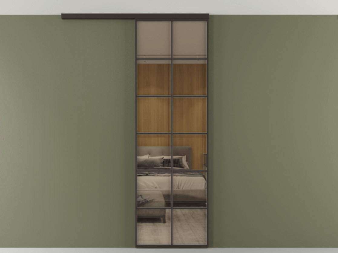 Перегородка Formato вдоль стены на потолок 1 створка АЛПР 040.05 Алюминий антрацит Рефлективное бронзовое стекло "Стопсол", калёное Цена 7170 Br | Volhovec