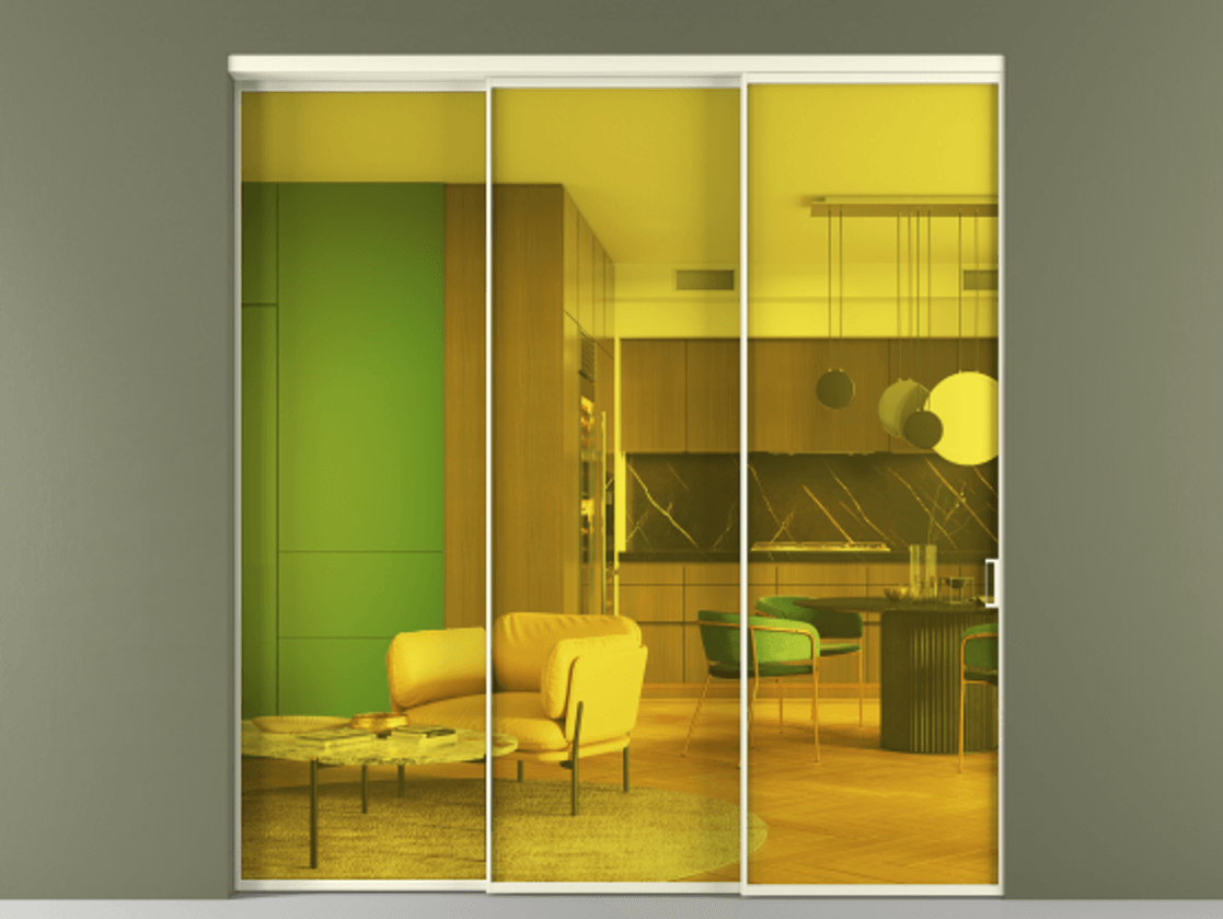 Перегородка Formato внутри проёма 3 створки с синхронным механизмом АЛПР 040.01 Алюминий молочно-белый Прозрачное жёлтое стекло, триплекс Цена 17700 Br  | Volhovec