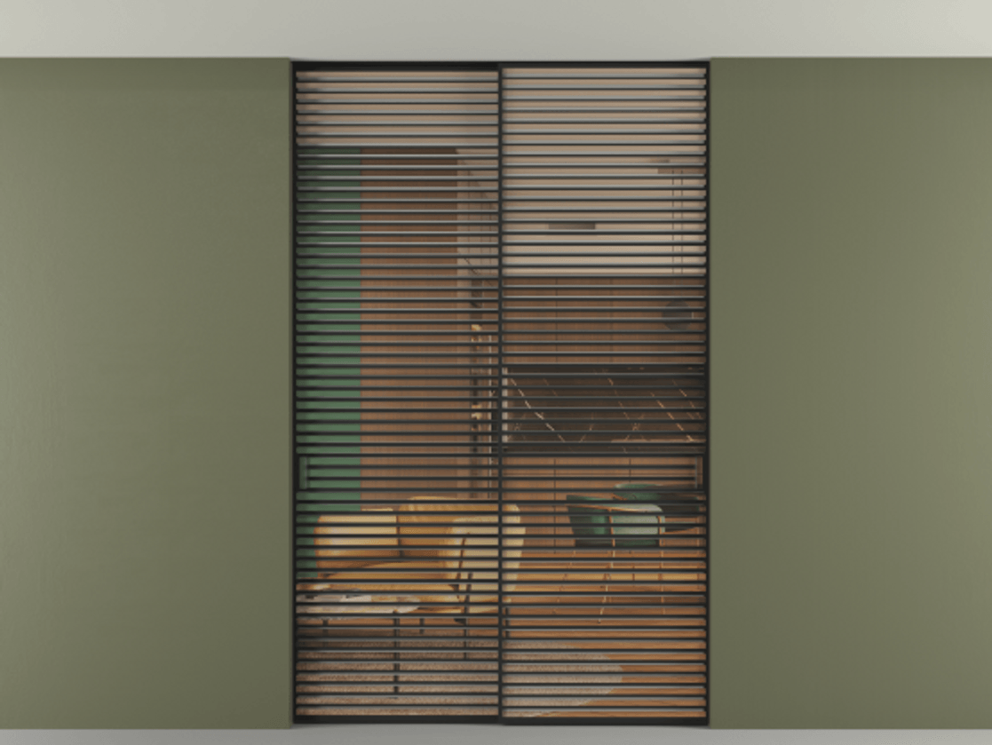 Перегородка Formato внутри проёма скрытое крепление в потолок 2 створки АЛПР 040.07 Алюминий Черный Прозрачное оранжевое стекло, триплекс Цена 21200 Br | Volhovec