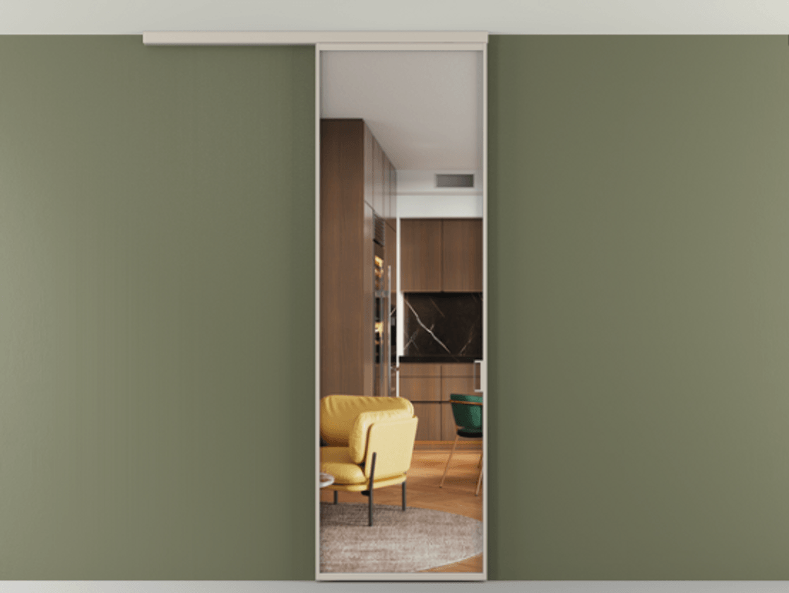 Перегородка Формато вдоль стены на потолок 1 створка АЛПР 040.01 Алюминий светло-бежевый Прозрачное стекло "Кристал Вижн", калёное Цена 6390 Br | Volhovec