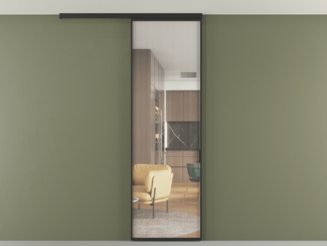 Перегородка Формато вдоль стены на потолок 1 створка АЛПР 040.01 Алюминий Черный Рифлёное стекло "Мору", триплекс Цена 5070 Br | Volhovec