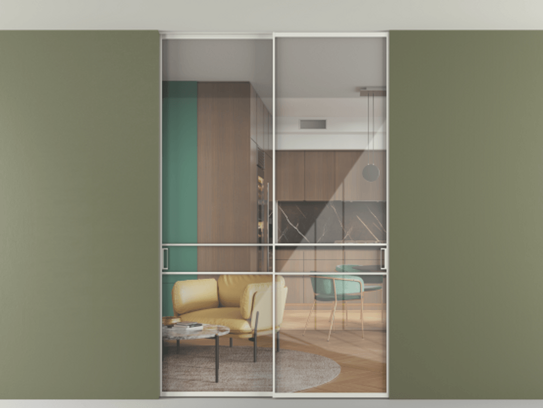 Перегородка Формато внутри проёма скрытое крепление в потолок 2 створки АЛПР 040.02 Алюминий серый Рефлективное прозрачное стекло "Стопсол", калёное Цена 16340 Br | Volhovec