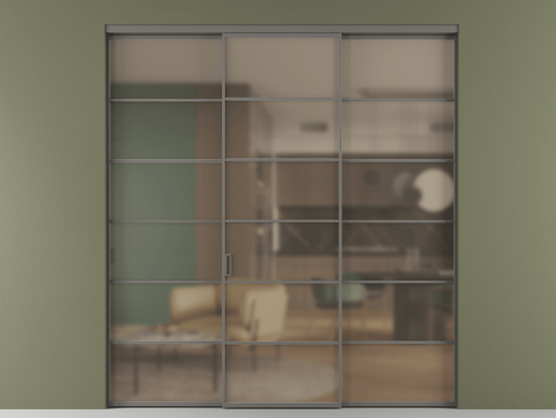 Перегородка Formato внутри проёма 3 створки АЛПР 040.04 Алюминий классический серый Сатинированное бронзовое стекло, триплекс Цена 14290 Br | Volhovec