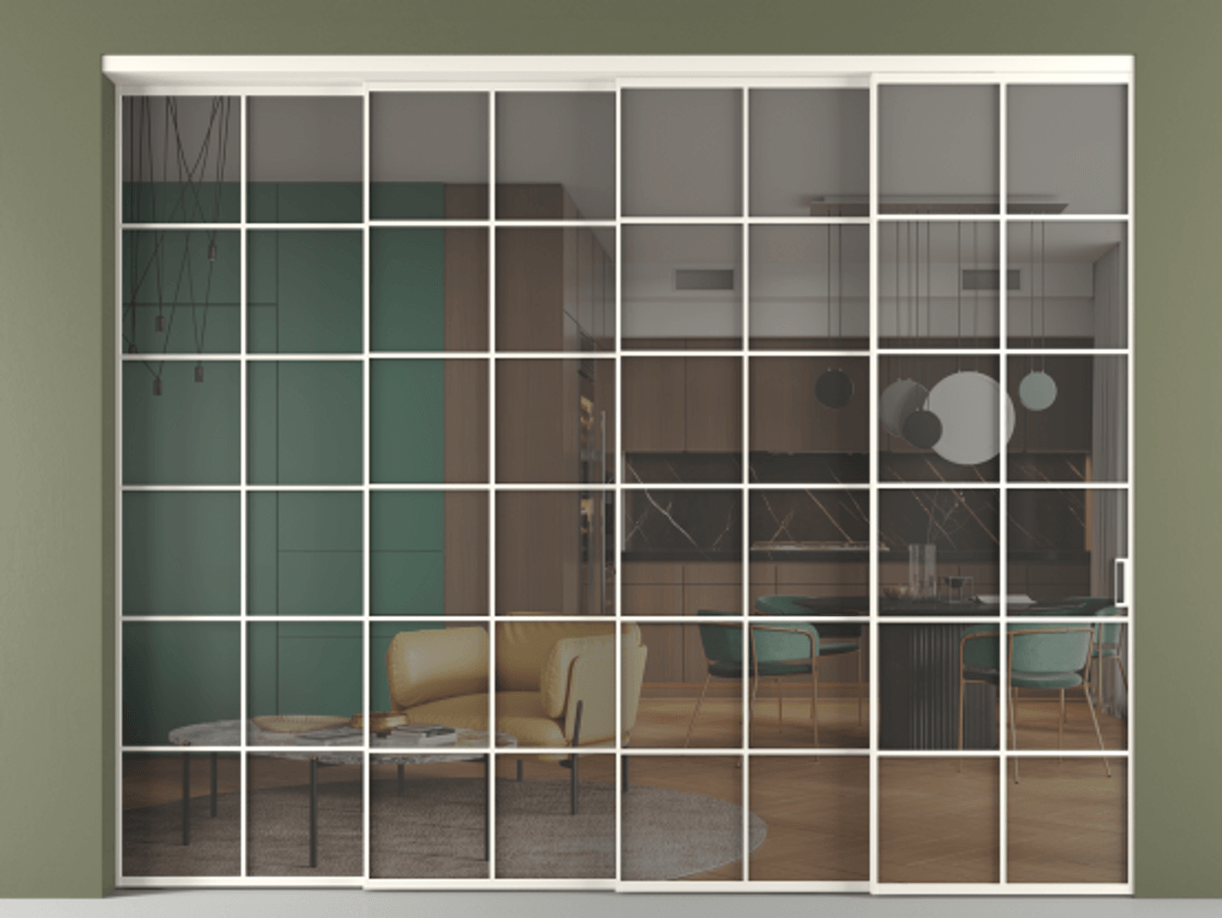 Перегородка Формато внутри проёма 4 створки с синхронным механизмом АЛПР 040.05 Алюминий пудровый белый Прозрачное серое стекло, триплекс. Цена 26130 Br 1. Полотно 4 шт. (800/2100 мм)
2. Комплект установки раздвижной системы
3. Базовый комплект фурнитуры
4. Комплект фурнитуры телескопик синхро-3
5. Ручка Рондо. Фабрика дверей Волховец 8 (800) 551 43 19 Перегородка Формато внутри проёма 4 створки с синхронным механизмом АЛПР 040.05 Алюминий пудровый белый Прозрачное серое стекло, триплекс Цена 26130 Br | Volhovec