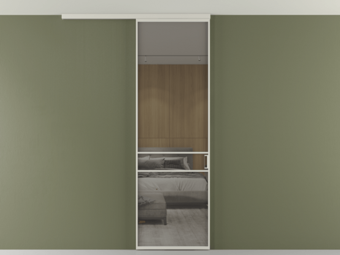 Перегородка Formato вдоль стены на потолок 1 створка АЛПР 040.02 Алюминий тёплый серый Рефлективное серое стекло "Stopsol", калёное Цена 6711 Br | Volhovec