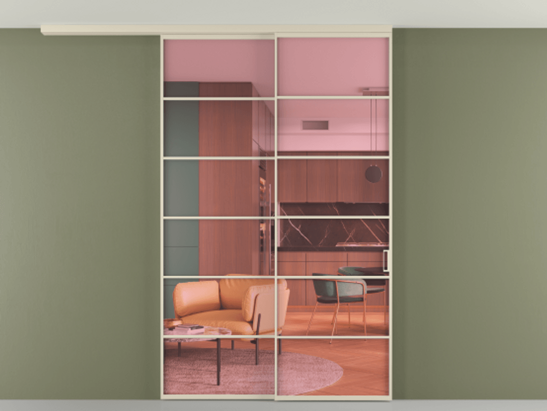 Перегородка Formato вдоль стены на потолок 2 створки с синхронным механизмом АЛПР 040.04 Алюминий бежево-серый Прозрачное розовое стекло, триплекс Цена 17500 Br | Volhovec