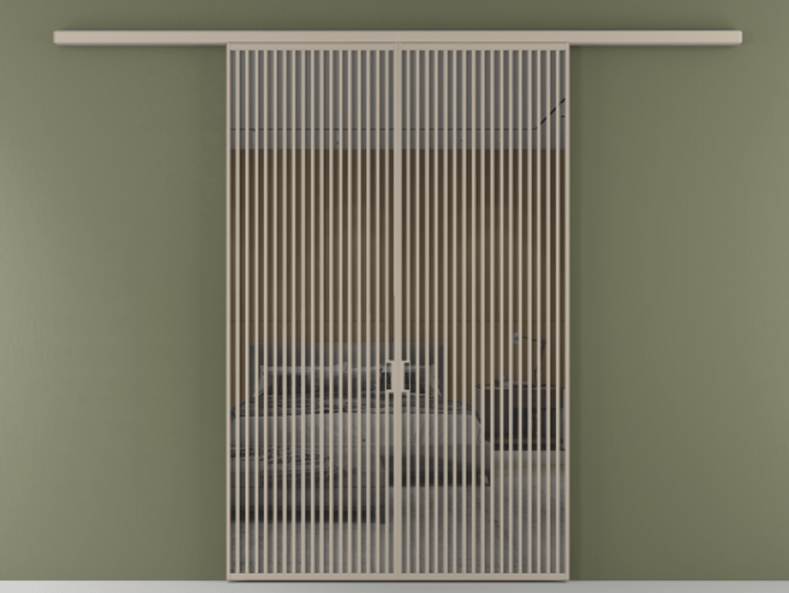 Перегородка Formato вдоль стены 2 створки АЛПР 040.06 Алюминий бисквитный Рефлективное серое стекло "Стопсол", калёное Цена 23790 Br | Volhovec