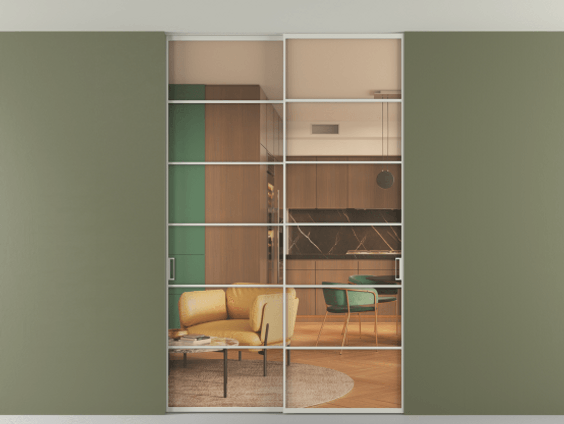 Перегородка Формато внутри проёма скрытое крепление в потолок 2 створки АЛПР 040.04 Алюминий тёплый серый Прозрачное оранжевое стекло, триплекс Цена 14000 Br | Volhovec