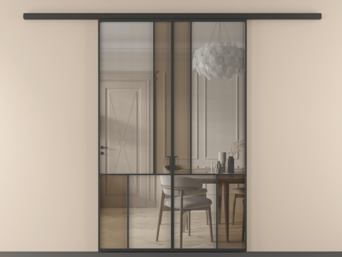 Перегородка Mosaic вдоль стены двустворчатая АЛПР 041.20 Алюминий Черный Mesh silver + Бронза прозрачное триплекс Цена 13450 Br | Volhovec