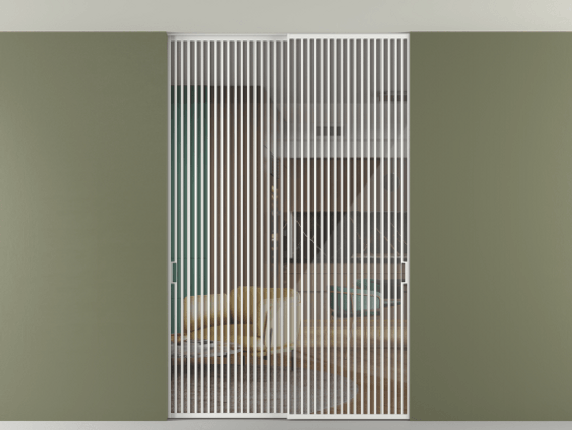 Перегородка Формато внутри проёма скрытое крепление в потолок 2 створки АЛПР 040.06 Алюминий белоснежный Рефлективное прозрачное стекло "Стопсол", калёное Цена 27860 Br | Volhovec