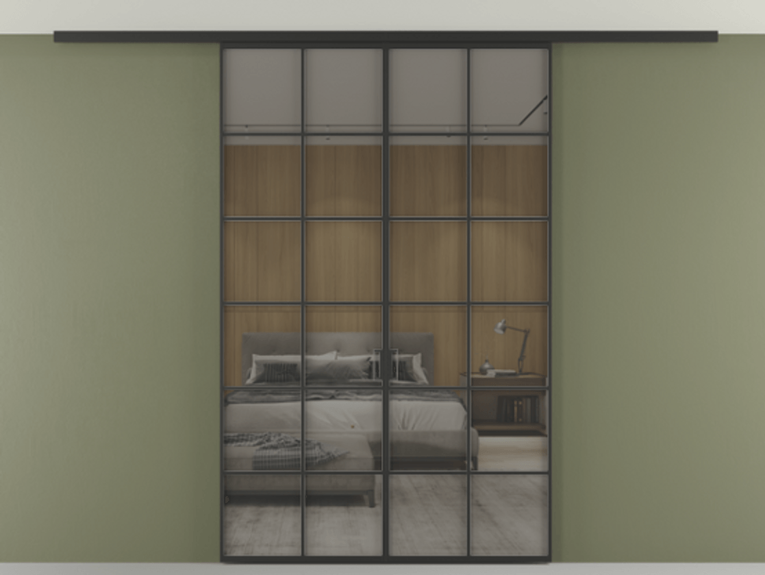 Перегородка Формато вдоль стены на потолок 2 створки АЛПР 040.05 Алюминий Черный Рефлективное серое стекло "Стопсол", калёное Цена 13430 Br | Volhovec