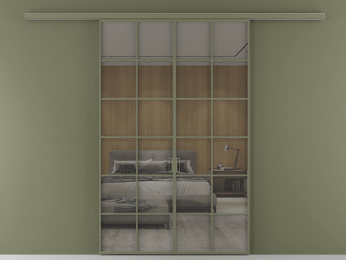 Перегородка Формато вдоль стены 2 створки АЛПР 040.05 Алюминий оливковый тёмный Рефлективное серое стекло "Стопсол", калёное Цена 14150 Br | Volhovec