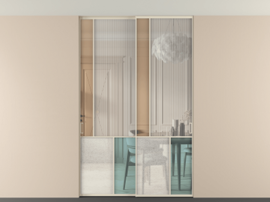 Перегородка Mosaic внутри проёма скрытое крепление в потолок 2 створки АЛПР 041.20 Алюминий бежево-серый Комбинация стекол Группы 1 и Группы 3 Цена 18000 Br | Volhovec