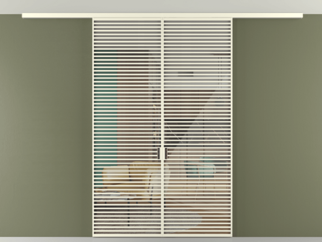 Перегородка Формато вдоль стены на потолок 2 створки АЛПР 040.07 Алюминий молочно-белый Рефлективное прозрачное стекло "Стопсол", калёное Цена 20330 Br | Volhovec