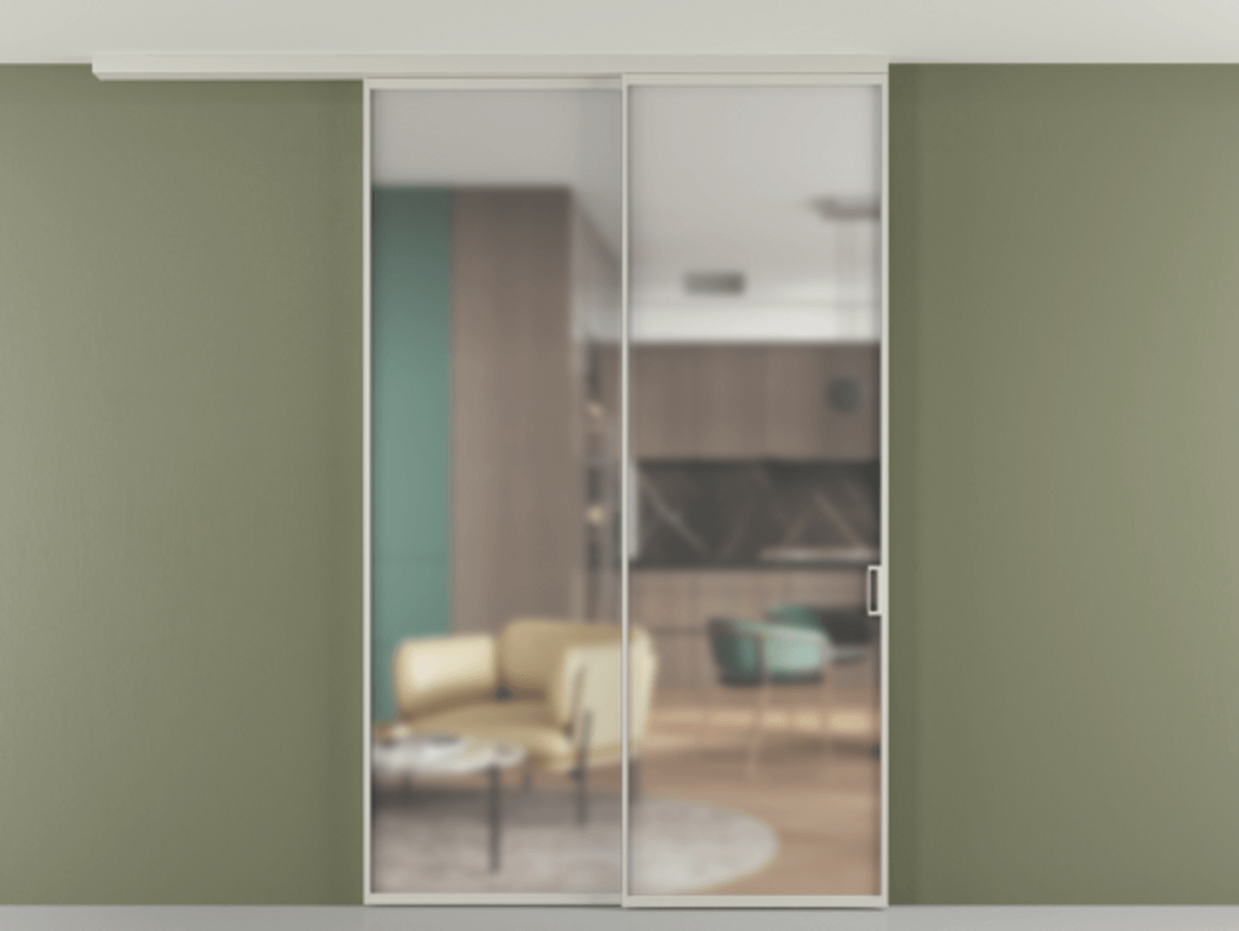 Перегородка Формато вдоль стены на потолок 2 створки с синхронным механизмом АЛПР 040.01 Алюминий тёплый серый Сатинированное стекло "Мателюкс Кристал Вижн", калёное, матовое, каленое 6 мм Цена 16850 Br | Volhovec