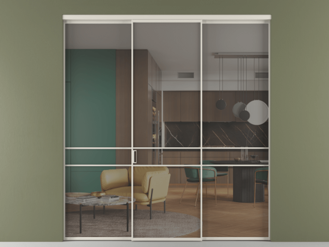 Перегородка Formato внутри проёма 3 створки АЛПР 040.02 Алюминий облачно-серый Рефлективное серое стекло "Stopsol", калёное Цена 16980 Br | Volhovec