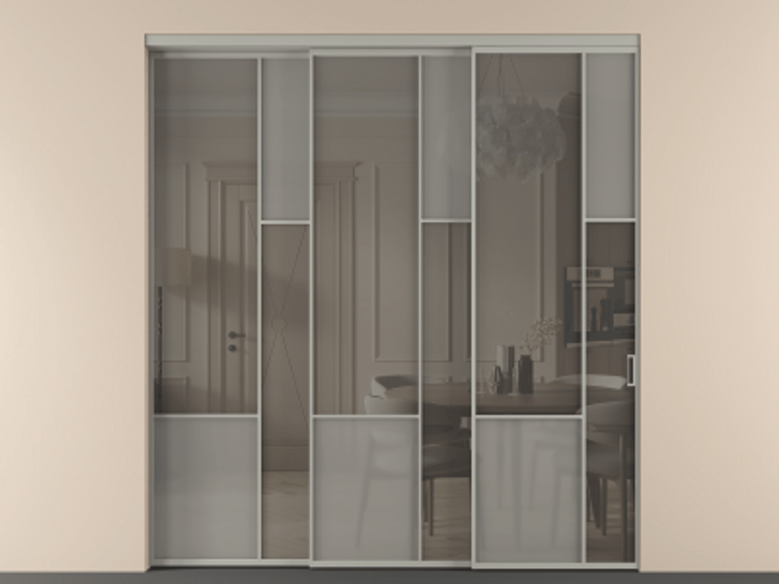 Перегородка Мозаик внутри проёма 3 створки с синхронным механизмом АЛПР 041.12 Алюминий нейтральный серый Сатинированное серое стекло, триплекс, 6 мм + Прозрачное серое стекло, триплекс Цена 23390 Br | Volhovec