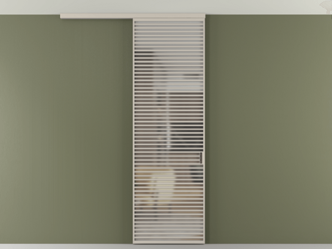 Перегородка Формато вдоль стены на потолок 1 створка АЛПР 040.07 Алюминий светло-бежевый Сатинированное стекло "Мателюкс Кристал Вижн", калёное, матовое, каленое 6 мм Цена 10350 Br | Volhovec