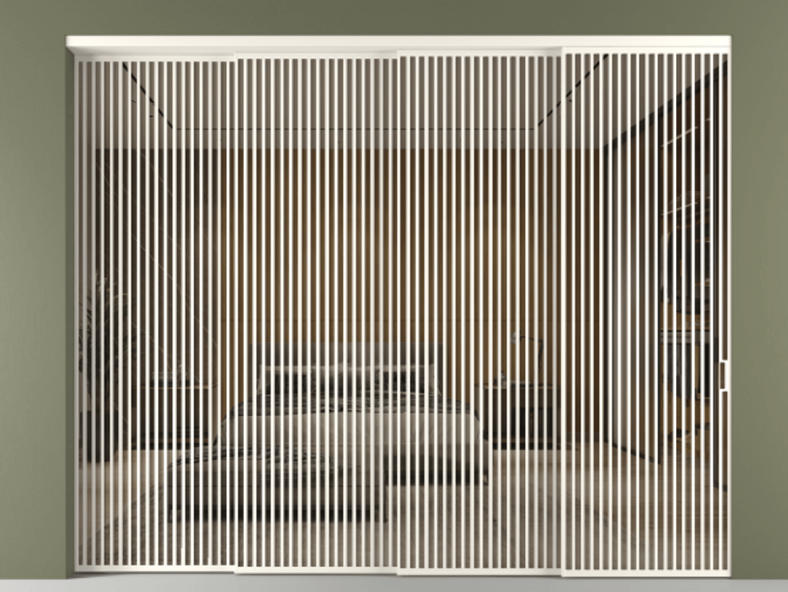 Перегородка Формато внутри проёма 4 створки с синхронным механизмом АЛПР 040.06 Алюминий пудровый белый Рефлективное бронзовое стекло "Стопсол", калёное Цена 42930 Br | Volhovec