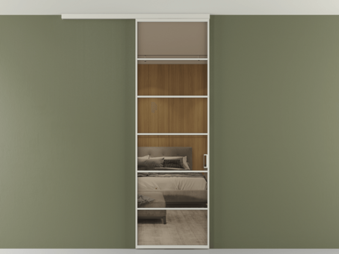 Перегородка Формато вдоль стены на потолок 1 створка АЛПР 040.04 Алюминий тёплый серый Рефлективное бронзовое стекло "Стопсол", калёное Цена 7170 Br | Volhovec