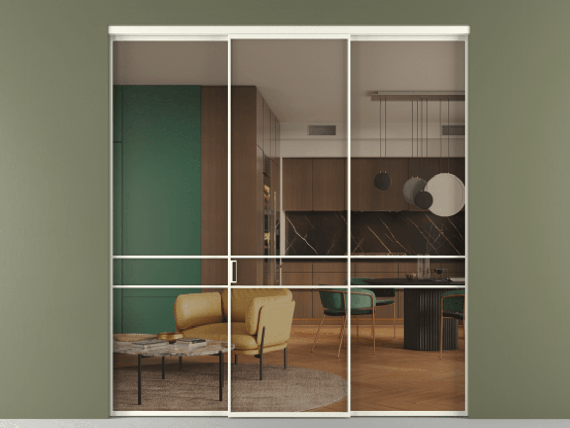 Перегородка Formato внутри проёма 3 створки АЛПР 040.02 Алюминий жемчужный Прозрачное бронзовое стекло, триплекс Цена 13290 Br | Volhovec