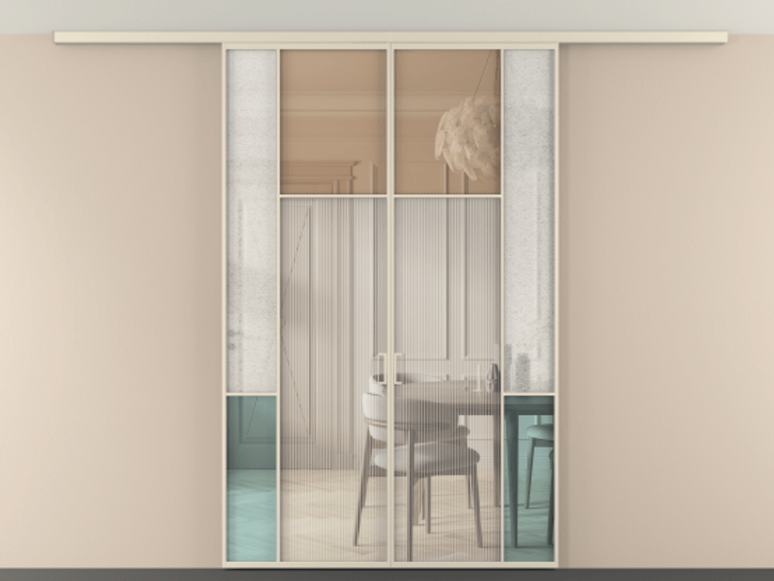 Перегородка Mosaic вдоль стены на потолок двустворчатая АЛПР 041.10 Алюминий бежево-серый Комбинация стекол Группы 1 и Группы 3 Цена 13300 Br | Volhovec