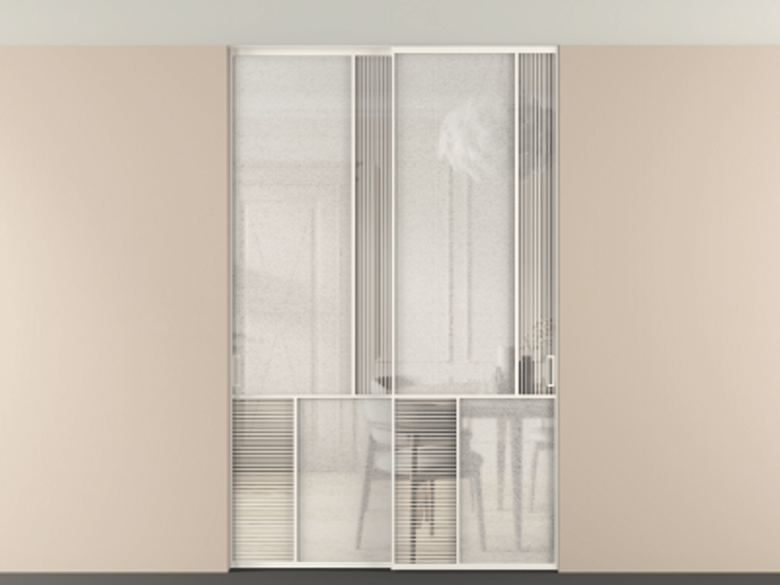 Перегородка Мозаик внутри проёма скрытое крепление в потолок 2 створки АЛПР 041.21 Алюминий пудровый белый Рифлёное стекло "Дюна", триплекс, 6 мм + Фактурное стекло "Лёд", триплекс Цена 18210 Br | Volhovec