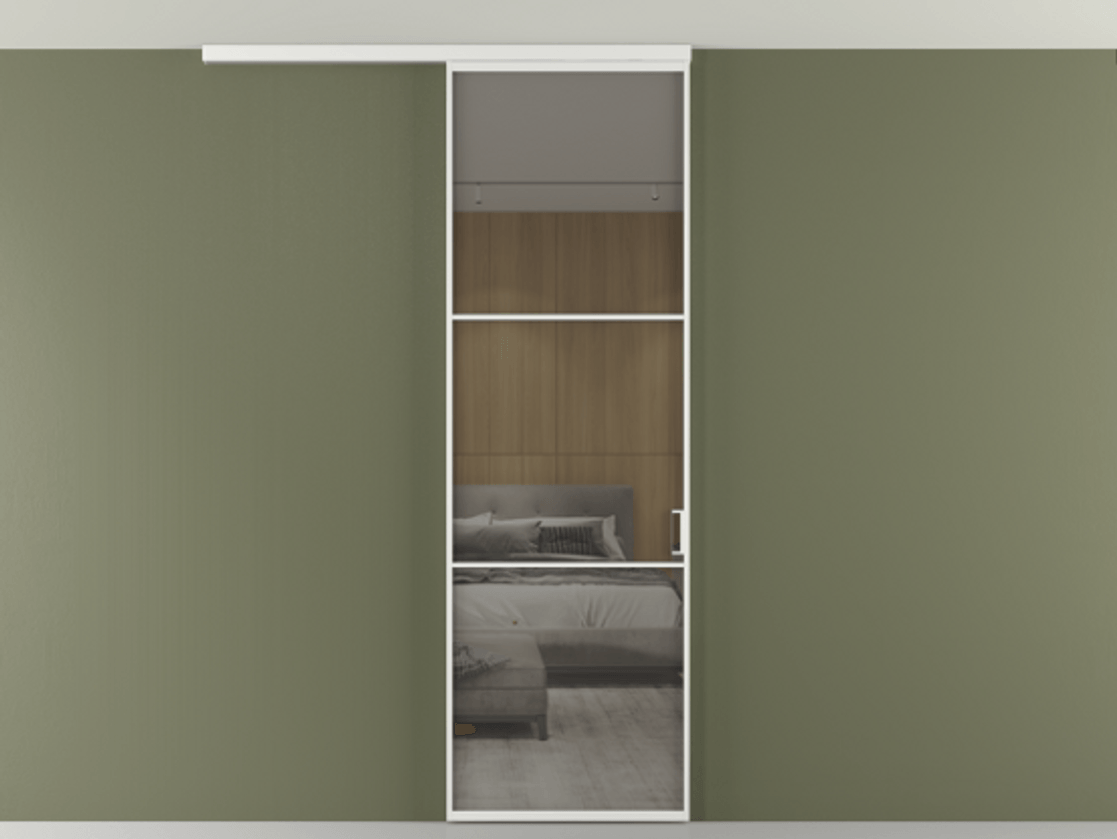 Перегородка Формато вдоль стены на потолок 1 створка АЛПР 040.03 Алюминий белоснежный Рефлективное серое стекло "Стопсол", калёное Цена 5740 Br | Volhovec