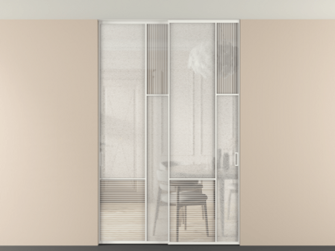 Перегородка Мозаик внутри проёма скрытое крепление в потолок 2 створки АЛПР 041.12 Алюминий светло-серый Рифлёное стекло "Дюна", триплекс, 6 мм + Фактурное стекло "Лёд", триплекс Цена 18210 Br | Volhovec