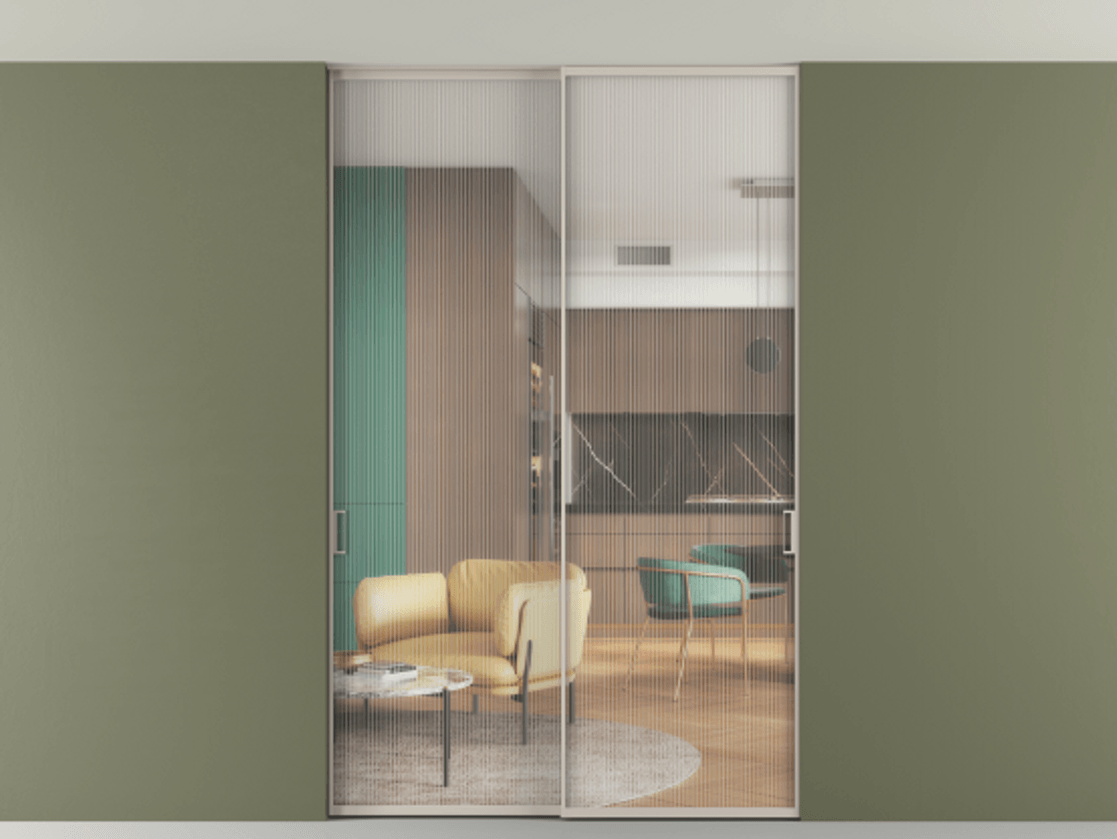 Перегородка Формато внутри проёма скрытое крепление в потолок 2 створки АЛПР 040.01 Алюминий светло-бежевый Рифлёное стекло "Мору", триплекс Цена 13440 Br | Volhovec