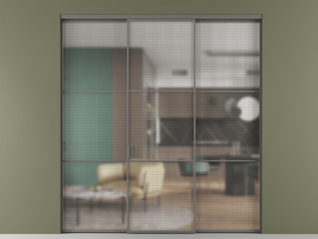 Перегородка Formato внутри проёма 3 створки АЛПР 040.03 Алюминий классический серый Декоративное стекло с сеткой "Mesh silver", триплекс Цена 14320 Br | Volhovec