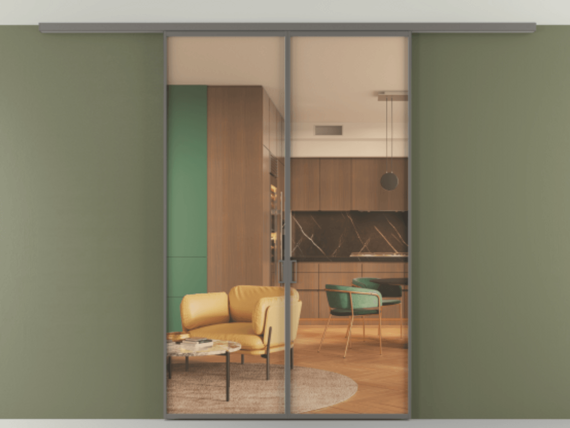 Перегородка Формато вдоль стены на потолок 2 створки АЛПР 040.01 Алюминий классический серый Прозрачное оранжевое стекло, триплекс Цена 9900 Br | Volhovec