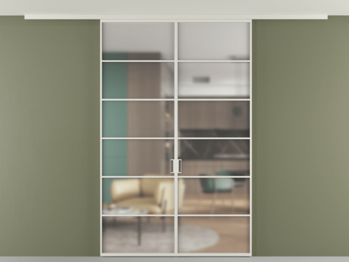 Перегородка Формато вдоль стены на потолок 2 створки АЛПР 040.04 Алюминий Белый Сатинированное стекло "Мателюкс Кристал Вижн", калёное, матовое, каленое 6 мм Цена 13430 Br | Volhovec