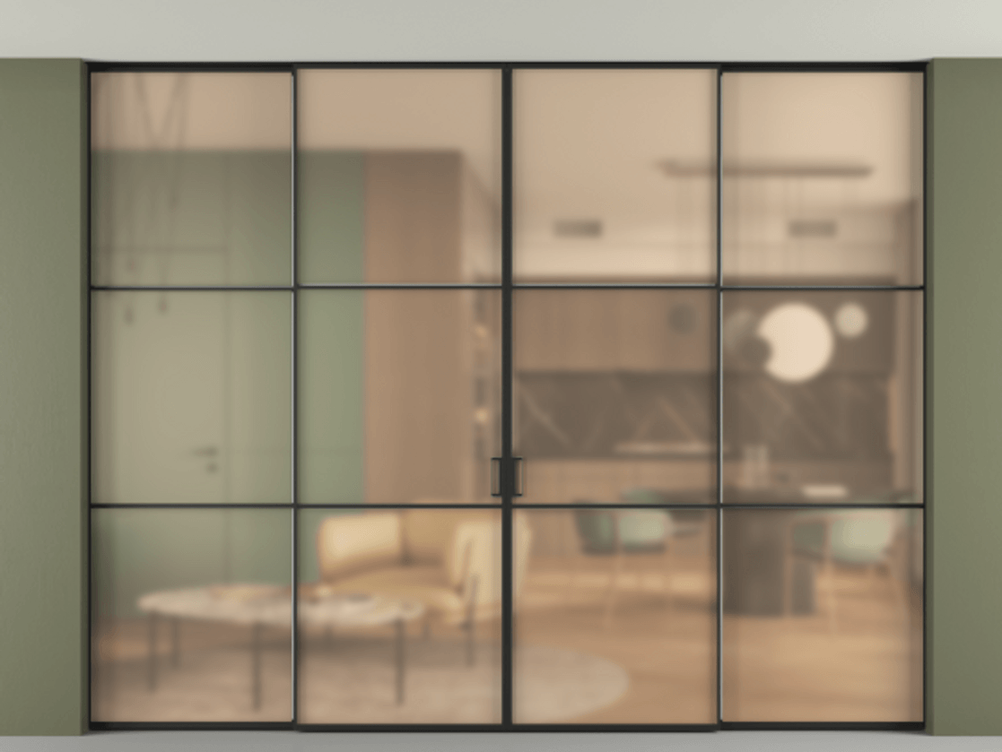 Перегородка Formato внутри проёма четырёхстворчатая со скрытым креплением в потолок АЛПР 040.03 Алюминий Черный Сатинированное оранжевое стекло, триплекс. Скрытый короб ЧЕР Цена 23800 Br 1. Полотно 4 шт. (800/2100 мм)
2. Комплект установки раздвижной системы
3. Базовый комплект фурнитуры
4.Ручка RONDO. Фабрика дверей Волховец 8 (800) 551 43 19 Перегородка Formato внутри проёма четырёхстворчатая со скрытым креплением в потолок АЛПР 040.03 Алюминий Черный Сатинированное оранжевое стекло, триплекс Цена 23800 Br | Volhovec