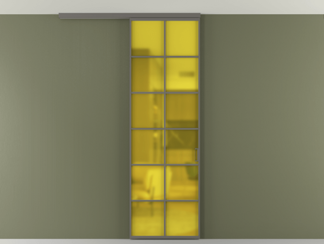 Перегородка Формато вдоль стены на потолок 1 створка АЛПР 040.05 Алюминий классический серый Сатинированное жёлтое стекло, триплекс Цена 5500 Br | Volhovec