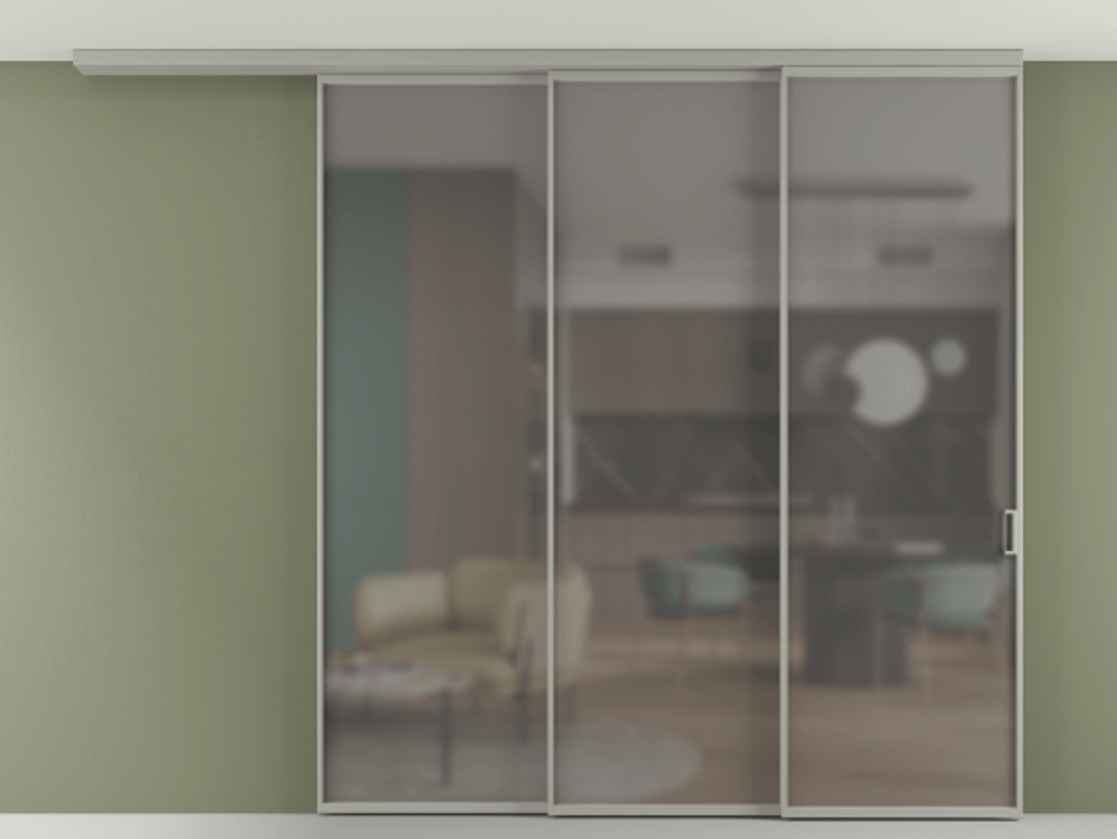 Перегородка Formato вдоль стены на потолок 3 створки с синхронным механизмом АЛПР 040.01 Алюминий нейтральный серый Сатинированное серое стекло, триплекс Цена 19820 Br | Volhovec