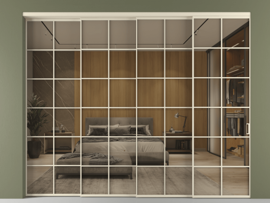 Перегородка Formato внутри проёма 4 створки с синхронным механизмом АЛПР 040.05 Алюминий бежево-серый Рефлективное бронзовое стекло "Стопсол", калёное Цена 31390 Br | Volhovec