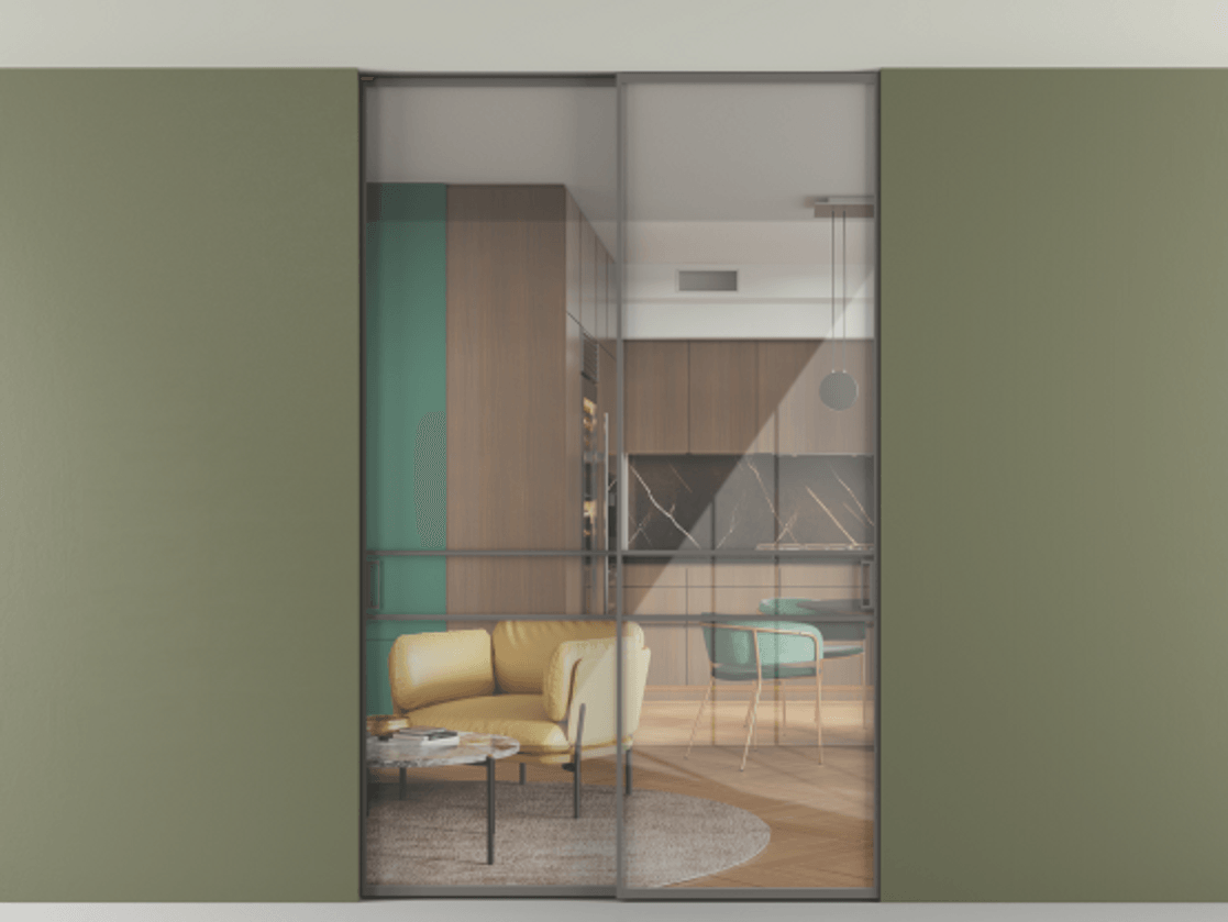 Перегородка Formato внутри проёма скрытое крепление в потолок 2 створки АЛПР 040.02 Алюминий классический серый Рефлективное прозрачное стекло "Stopsol", калёное. Цена 16340 Br 1. Полотно 2 шт. (800/2100 мм)
2. Комплект установки раздвижной системы
3. Базовый комплект фурнитуры
4. Ручка RONDO. Фабрика дверей Волховец 8 (800) 551 43 19 Перегородка Formato внутри проёма скрытое крепление в потолок 2 створки АЛПР 040.02 Алюминий классический серый Рефлективное прозрачное стекло "Stopsol", калёное Цена 16340 Br | Volhovec