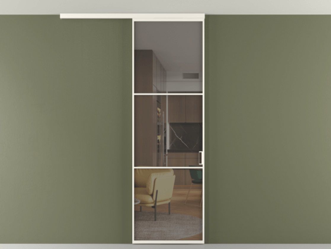 Перегородка Формато вдоль стены на потолок 1 створка АЛПР 040.03 Алюминий пудровый белый Прозрачное серое стекло, триплекс Цена 5180 Br | Volhovec