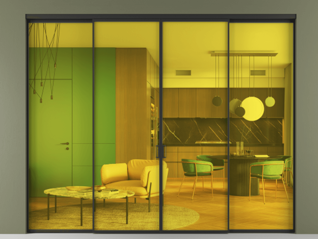 Перегородка Формато внутри проёма 4 створки АЛПР 040.01 Алюминий Черный Прозрачное жёлтое стекло, триплекс Цена 16400 Br  | Volhovec