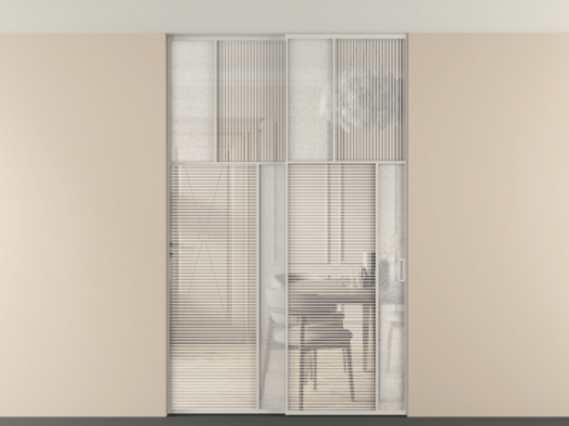 Перегородка Мозаик внутри проёма скрытое крепление в потолок 2 створки АЛПР 041.23 Алюминий тёплый серый Рифлёное стекло "Дюна", триплекс, 6 мм + Фактурное стекло "Лёд", триплекс Цена 18210 Br | Volhovec