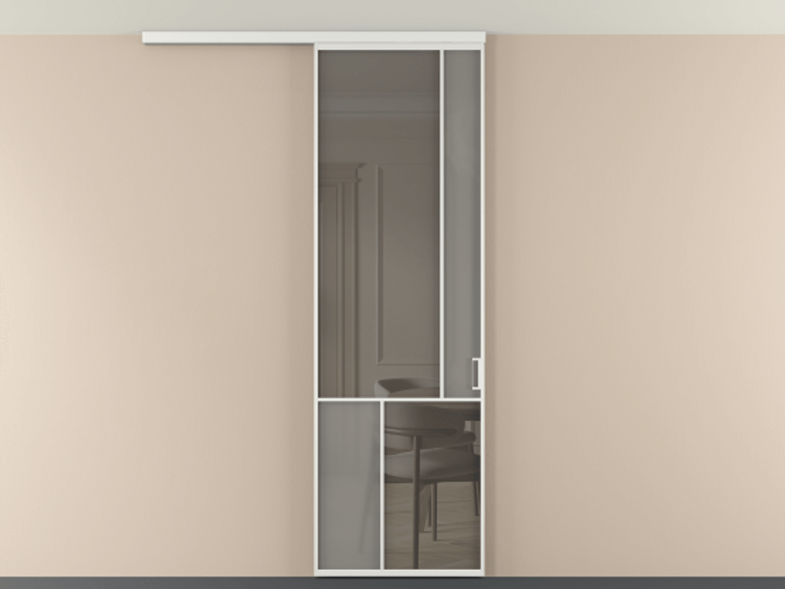 Перегородка Мозаик вдоль стены на потолок 1 створка АЛПР 041.21 Алюминий белоснежный Сатинированное серое стекло, триплекс, 6 мм + Прозрачное серое стекло, триплекс Цена 7220 Br | Volhovec