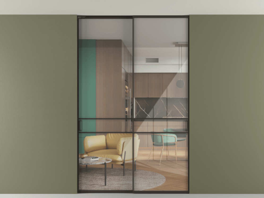 Перегородка Formato внутри проёма скрытое крепление в потолок 2 створки АЛПР 040.02 Алюминий антрацит Рефлективное прозрачное стекло "Stopsol", калёное Цена 16340 Br | Volhovec