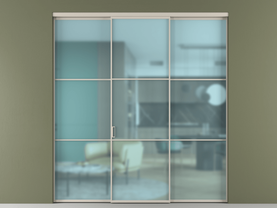 Перегородка Formato внутри проёма 3 створки АЛПР 040.03 Алюминий светло-бежевый Сатинированное голубое стекло, триплекс Цена 13300 Br | Volhovec